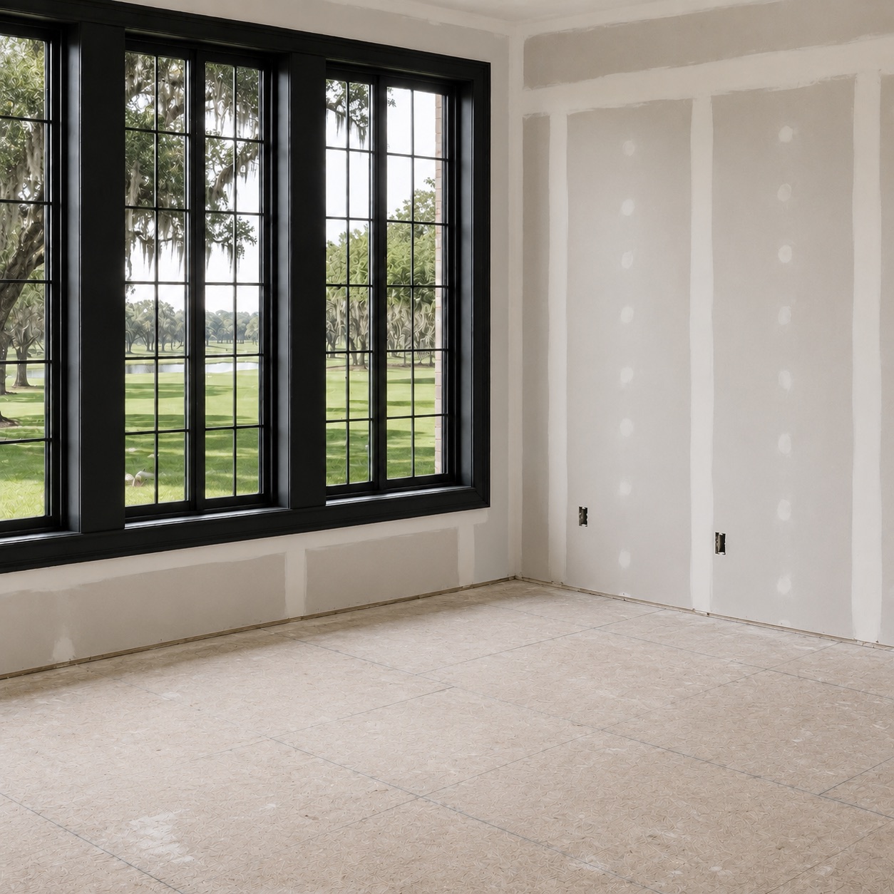 The same room as bare drywall with black windows