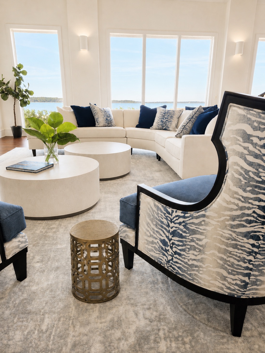 Finished Colleton River living room, real photograph, navy and white with water views