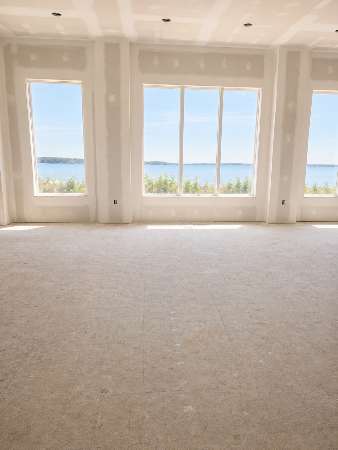 The same living room stripped back to bare drywall