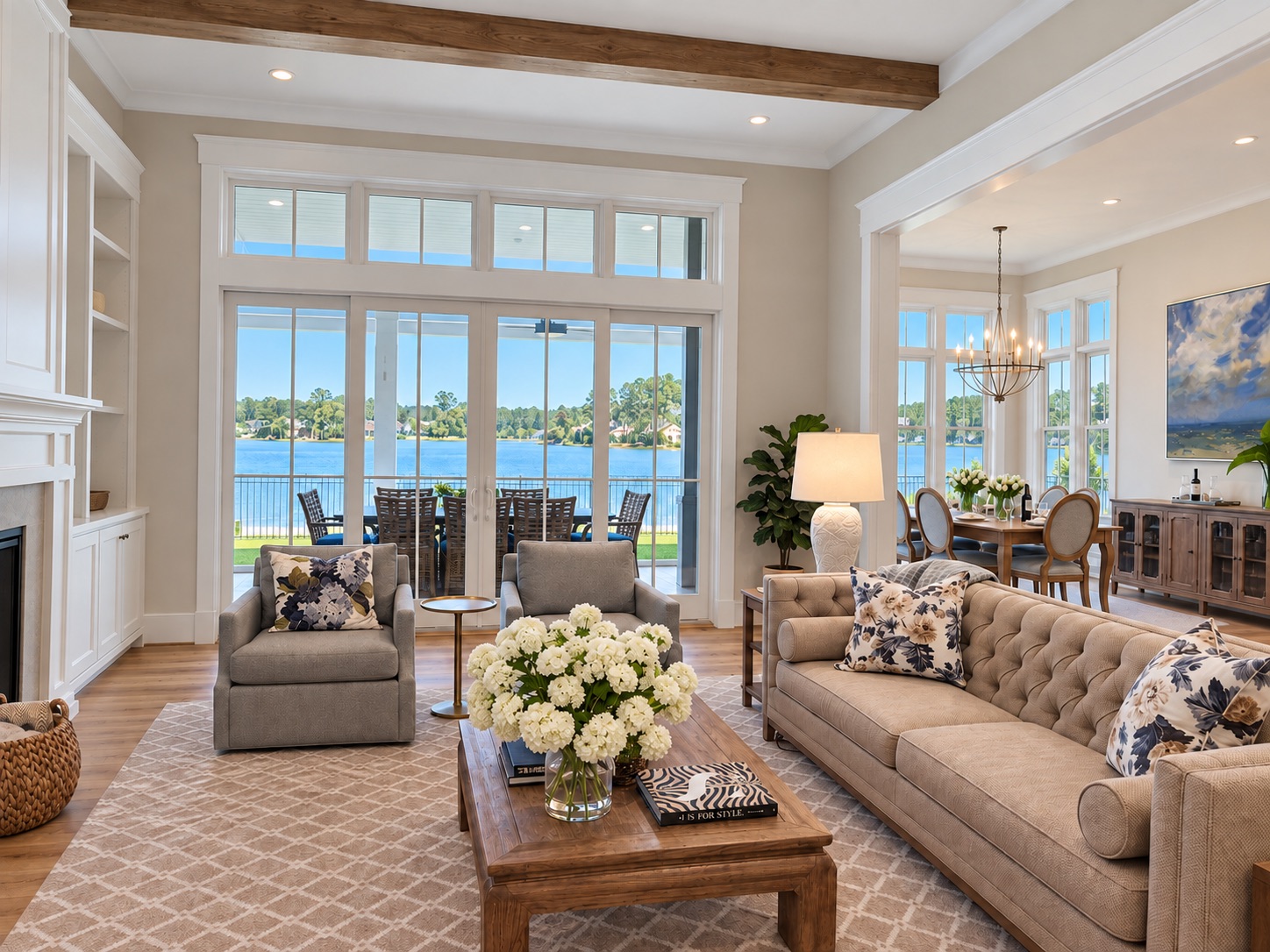Realistic rendering of a furnished Lowcountry living and dining space with a water view