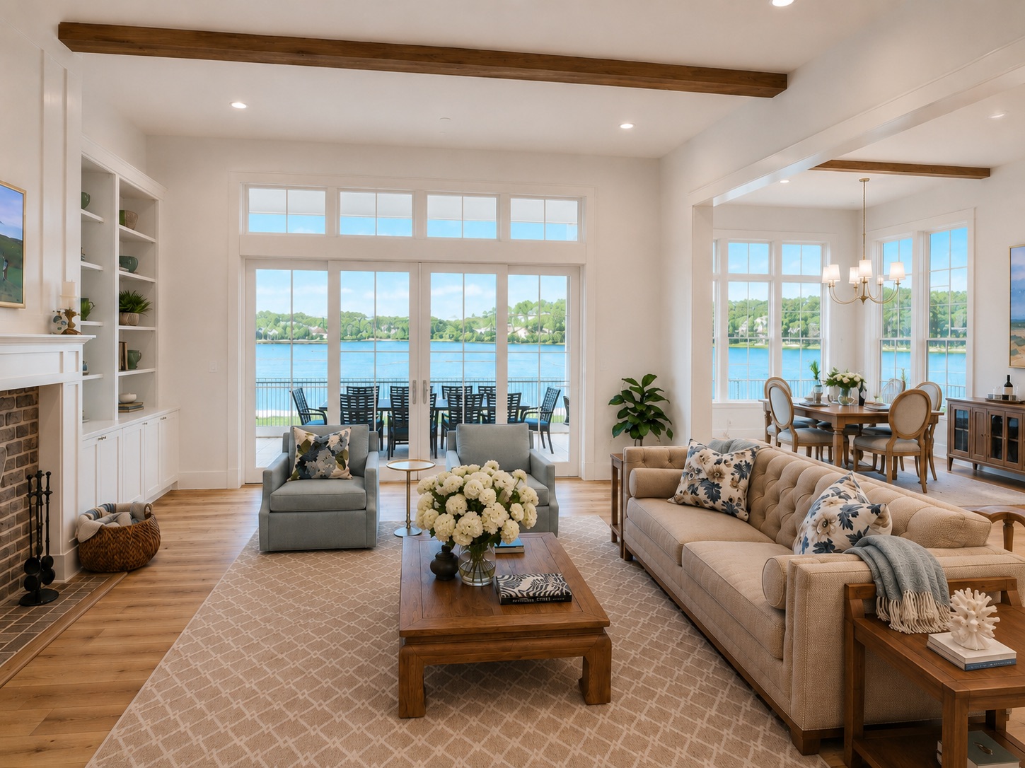 Realistic rendering of the same living room furnished, with a water view