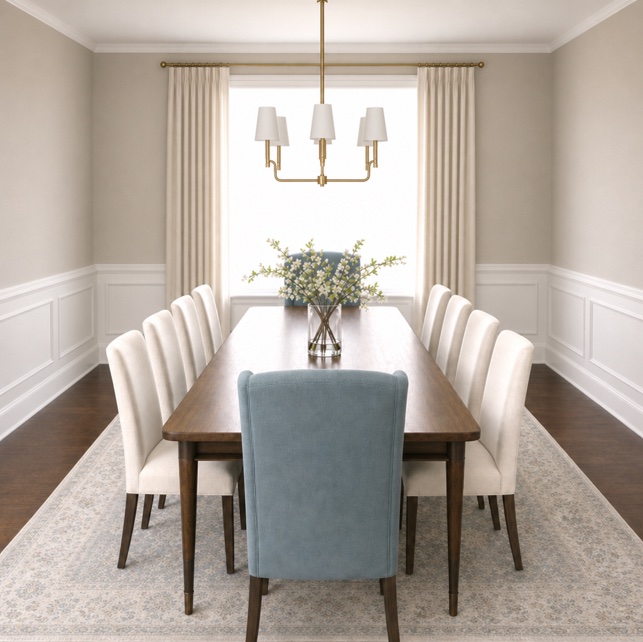 Rendered furniture plan for the dining room, fully furnished