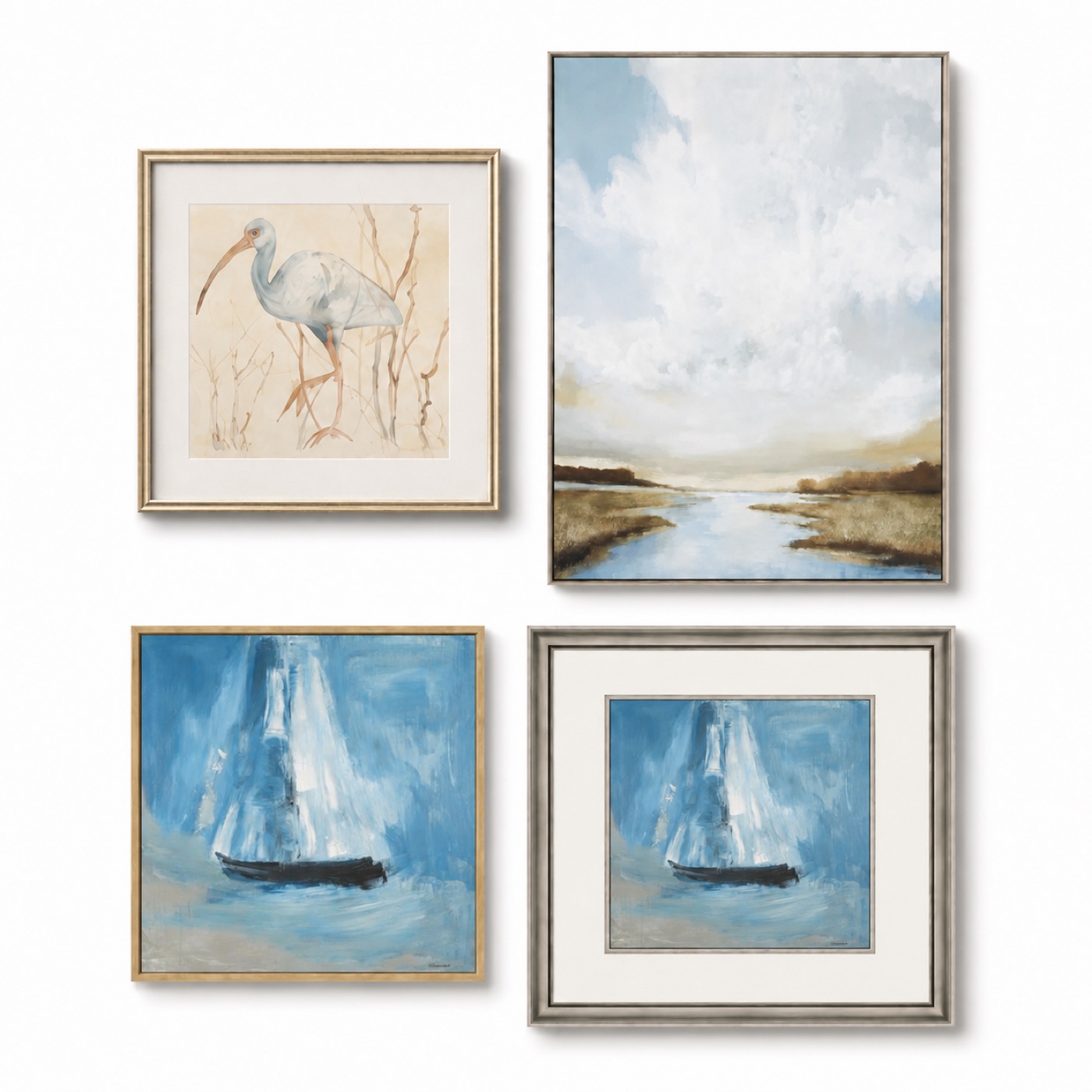 A grouping of framed artwork in coordinated frames and mats