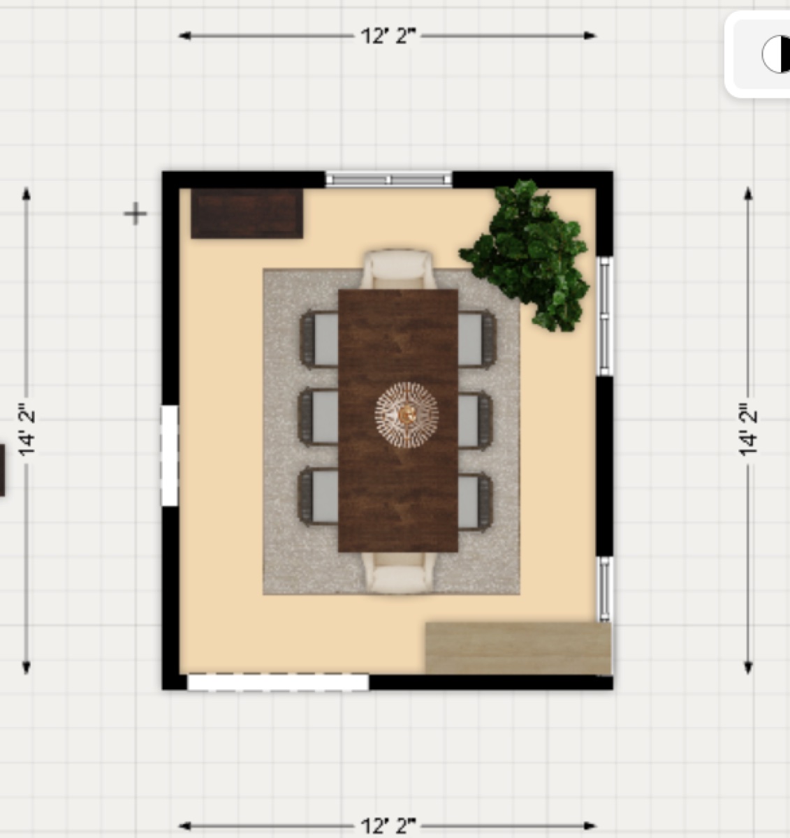 A 2D furniture floorplan showing a dining table, chairs, sideboard and rug scaled to accurate room dimensions