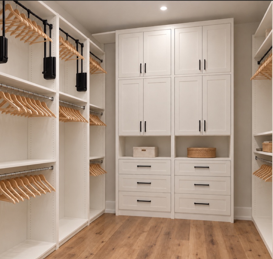 Custom closet storage in Kary's Bluffton home with hanging rods, drawers and shelving