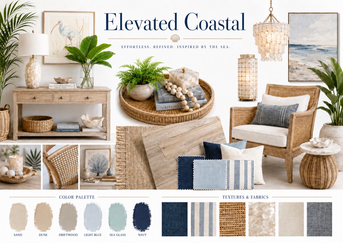 An elevated coastal living room with layered natural textures and soft, sea-inspired color