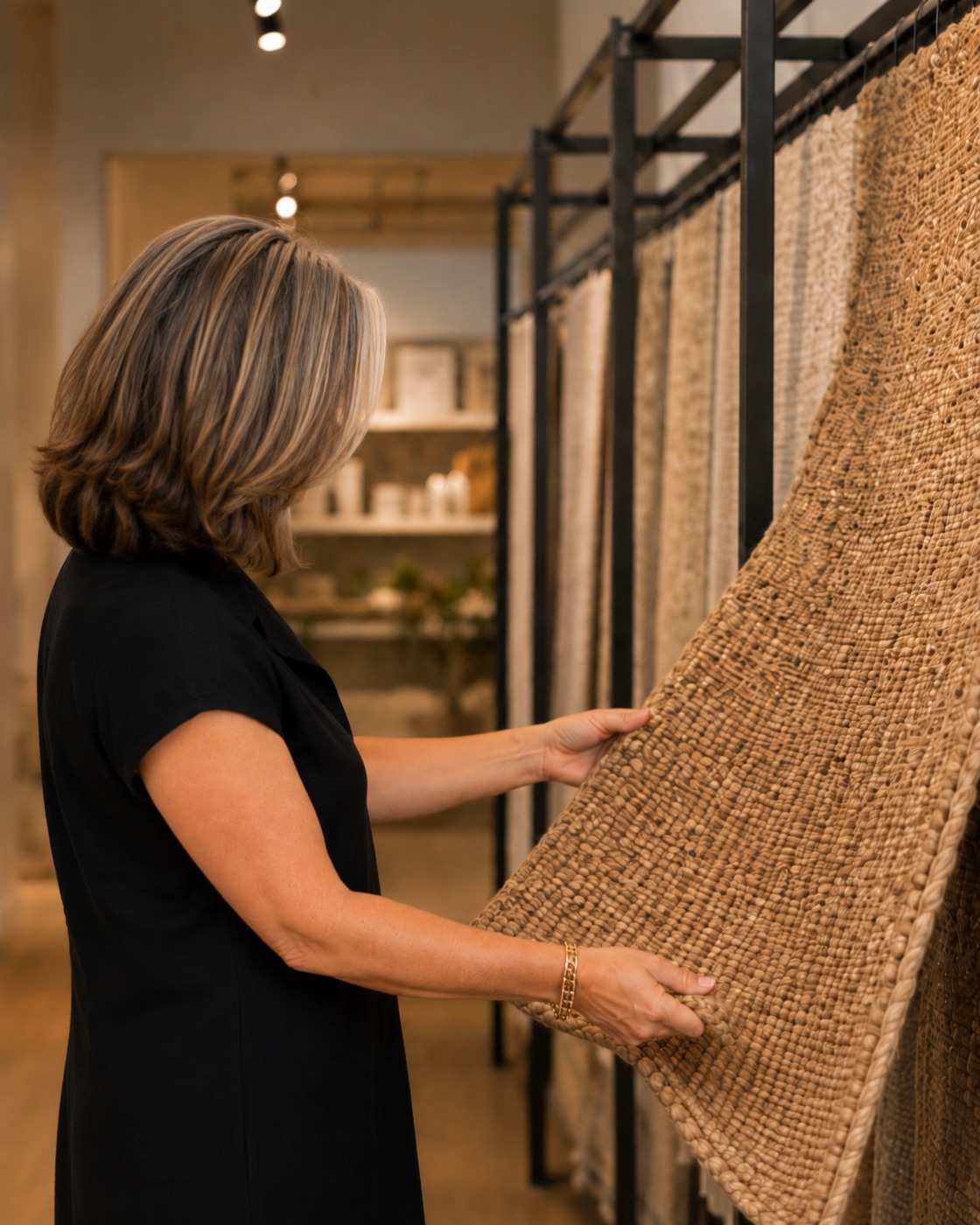 A rug showroom with full-size rugs displayed so the whole pattern can be seen