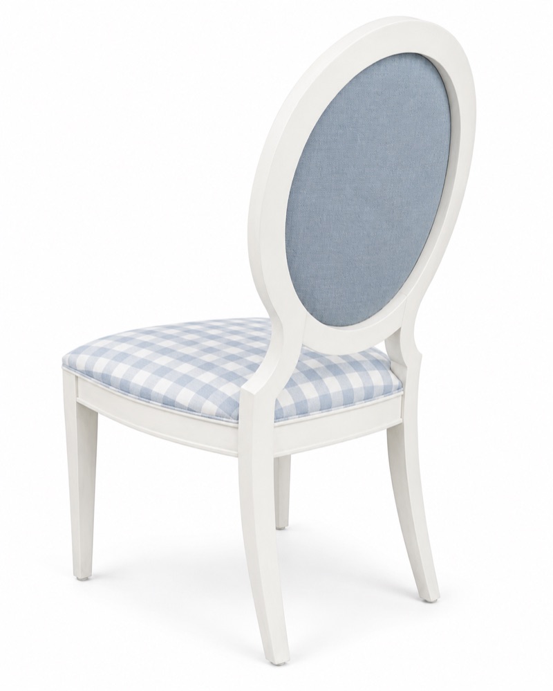 Oval-back side chair rendered in blue gingham fabric with a white frame