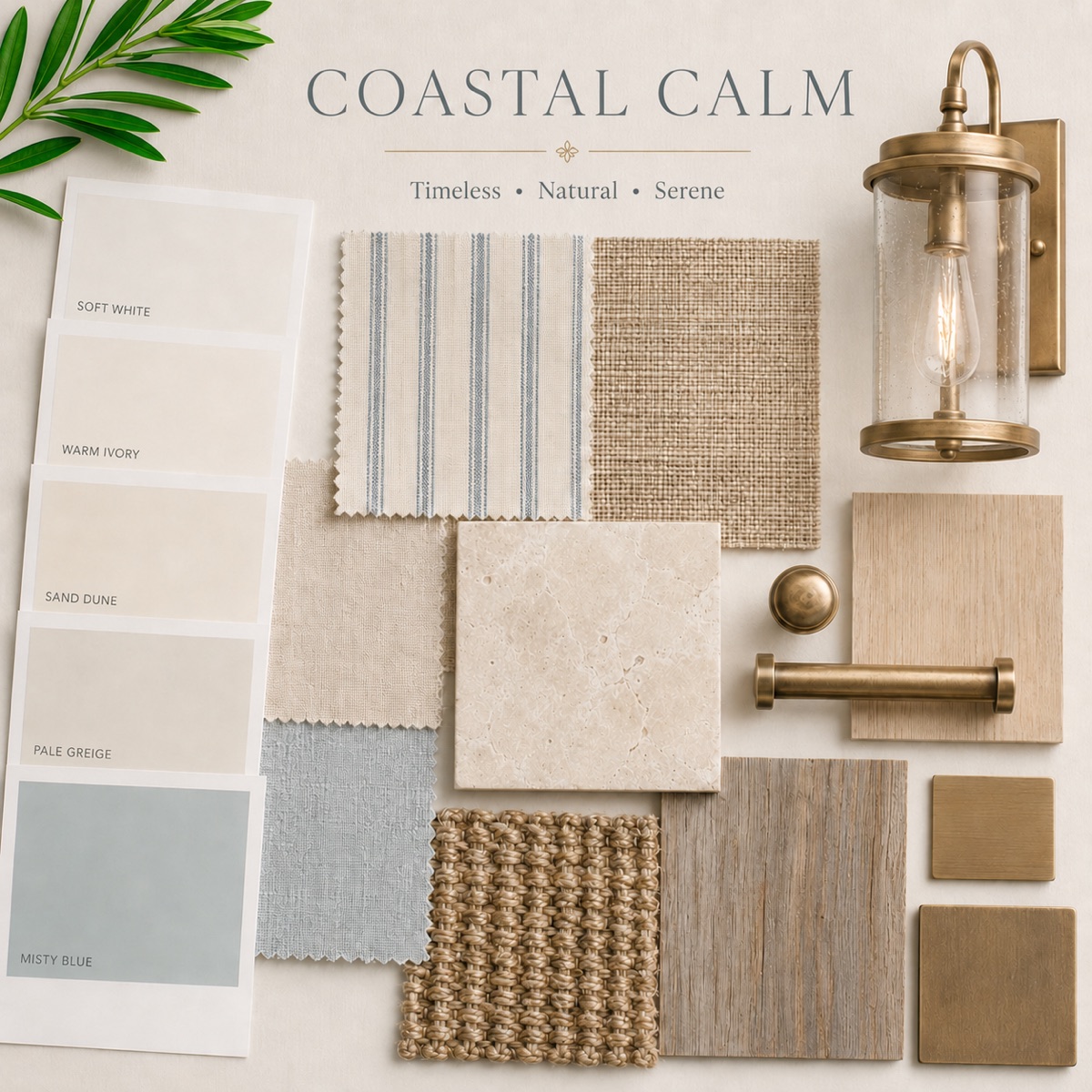 Coastal Calm mood board: soft blues, ivory, driftwood, and linen