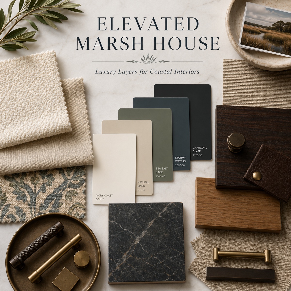 Elevated Marsh House mood board: a coastal interior palette of sage, charcoal slate, cream, marble, and brass